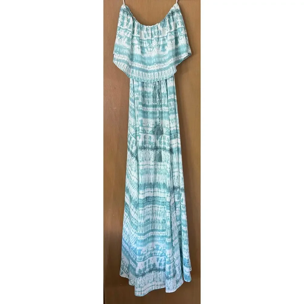 Aakaa Strapless Tie Dye Blue Maxi Dress Sz S Romantic Boho Feminine Vacay Resort